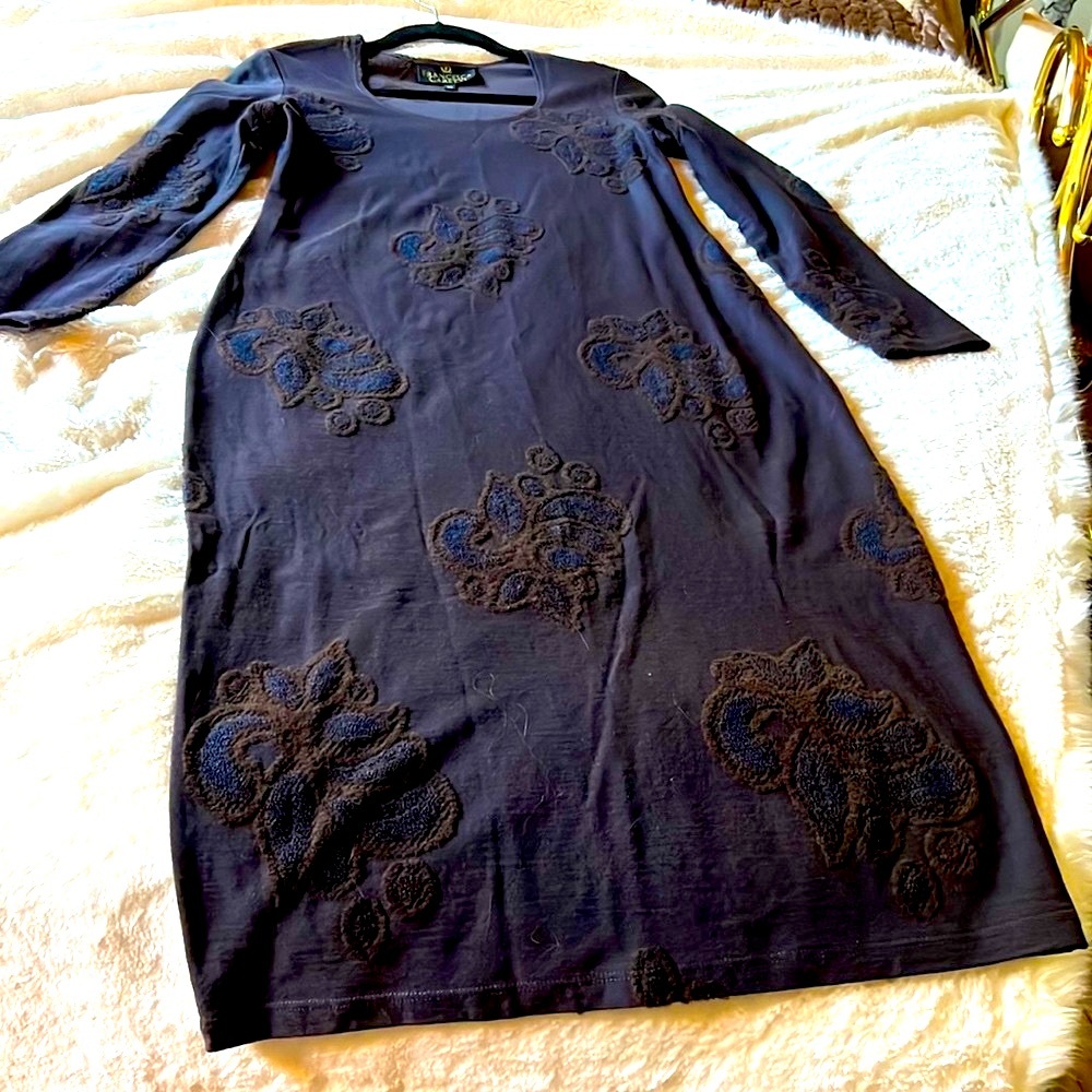 Francesca Caretti wool-blend long dress with beautiful appliqués. Size 10.